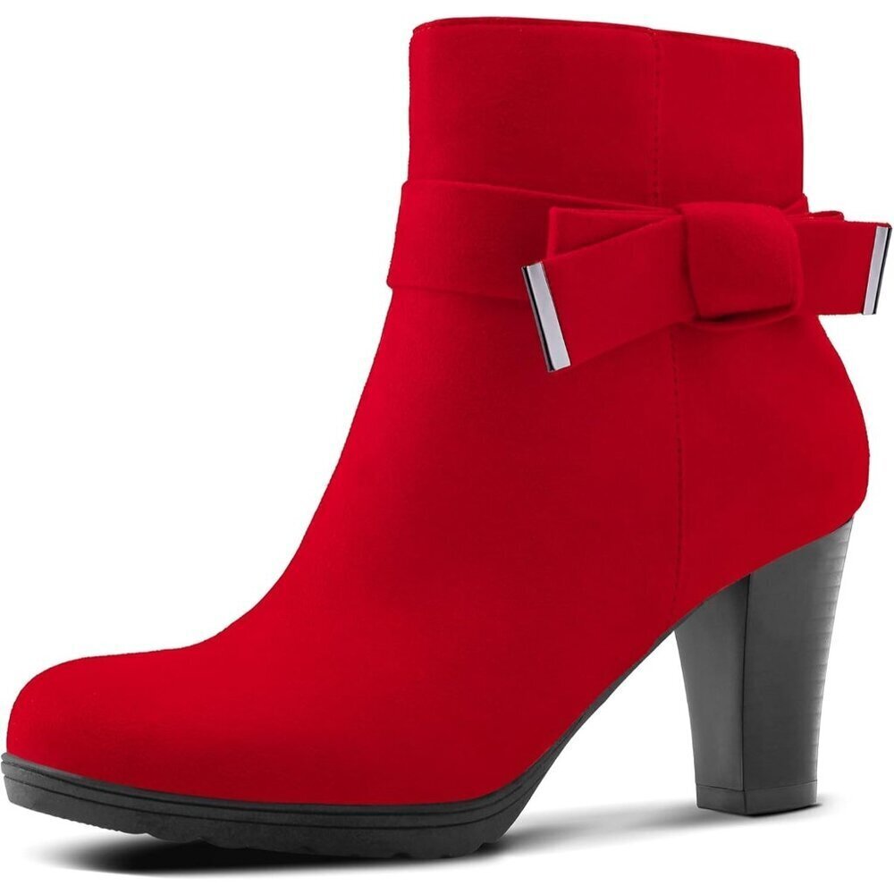 Women's Red Bow Suede Booties Chunky Stacked Heel Zipper Ankle Boots